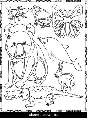 Niedliche Ausmalseite Für Gemischte Tiere Für Kinder Und Erwachsene. Koala, Delfin, Frosch, Schmetterling Und Vieles Mehr. Stock Vektor
