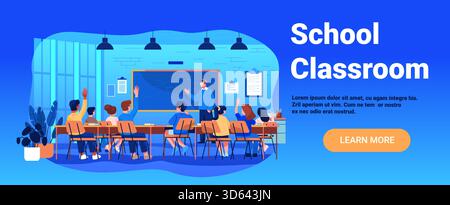Schulunterricht Lehrer Schüler lernen moderne Innenausstattung Tafel Schreibtische Pflanzen große Fenster blauer Hintergrund Website Banner Stock Vektor