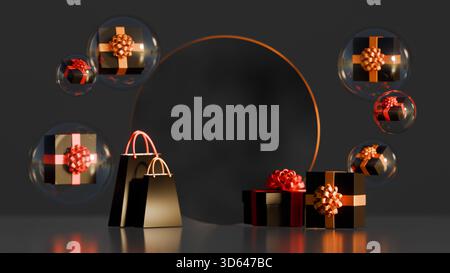 Verkaufssaison: Schwarz-goldene Geschenkboxen und Einkaufstaschen mit roten Schleifen in einer stilvollen Weihnachtsausstellung. 3D-Rendering Stockfoto