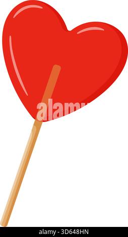 Roter Lutscher in Form eines Herzens auf Holzstock. Bunte flache Vektorillustration. Ideal für Valentinstag, Weihnachtsessen, süße Designs, Liebes- und Romantik-Themen und Kinderdesigns Stock Vektor