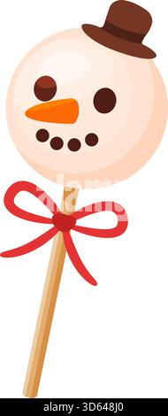 Lutscher in Form eines Schneemann-Kopfes mit braunem Hut, Karottennase und roter Schleife am Stock. Farbenfroher flacher Style. Für Feiertage, festliche Grafiken, Aufkleber und Themen für Winterfeiern. Stock Vektor