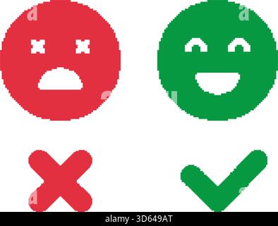 Rote Und Grüne Symbolgruppe Für Emoji-Feedback. Symbole Für Positive Und Negative Antworten Mit Häkchen Und Kreuz. Indikatoren Für Benutzerzufriedenheit Und Bewertung Stock Vektor