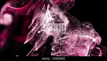 Wirbelnde Wolke aus rosa und weißen Partikeln, die bandähnliche Federn gegen schwarze Leere bilden Stockfoto