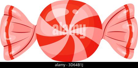 Bonbons in rosa Cellophan mit rotem und rosafarbenem Spiralstreifen. Vektorabbildung mit flachem Stil. Für die Feiertage, festliche saisonale Einrichtung, Wintermotive, Werbung für süße Speisen Stock Vektor