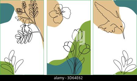 Abstraktes botanisches Strichart-Triptychon mit organischen Formen Stock Vektor