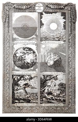 Das sechstägige Werk der Schöpfung (Genesis) aus dem Antiken 18. Jahrhundert die echten und vollständigen Werke des jüdischen Historikers Flavius Josephus A Continuati Stockfoto