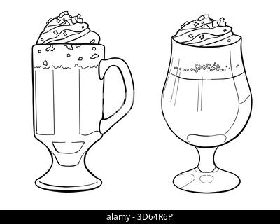 Irisches Cocktailset für Kaffee. Hand gezeichnete Vintage-Kritzelvektor-Getränk-Illustration. Schwarze Konturabbildungen für Koffein-Heißgetränk Stock Vektor