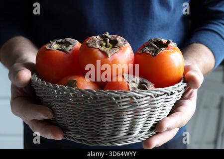 Hände, die einen Korb reifer Persimmonen halten. Diospyros kaki. Gesunde Herbstfrucht. Nahaufnahme. Stockfoto