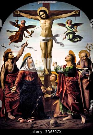 Kreuzigung mit der Jungfrau Maria und die Heiligen Johannes der Täufer, Maria Magdalena, Johannes der Evangelist und Augustinus 1517 durch Ortolano (Giovanni Battista Benvenuti) aus dem 16. Jahrhundert, Italien, Italienisch. Stockfoto