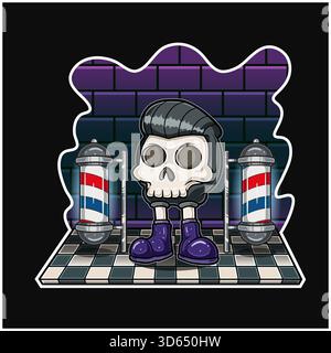 Zeichentrickfigur des Skeleton Head steht mit coolen Haaren, Friseur und Backsteinhintergrund mit Neonlicht. Perfekt Für Aufkleber, Etiketten, Cover, Stock Vektor