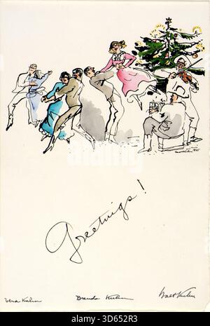 Historisches Illustrationskunstwerk mit dem Titel Weihnachtsgrüße mit festlichen Feiertagen mit Tänzern und Musikern, geschaffen von Walt Kuhn im Jahr 1935 Stockfoto