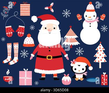 Süßes Weihnachtsmann, Schneemann, Pinguin, Fäustlinge und Strümpfe für Weihnachtsgrußkarten Stock Vektor