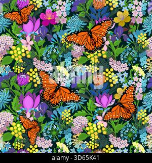 Blühende Wiese Boho dunkles nahtloses Muster mit Schmetterlingen. Ditsy Print. Wildblumen Vintage Hintergrund. Einfache, Verschiedene Kleine Blumen. Stil Mit Blumenmuster Stock Vektor