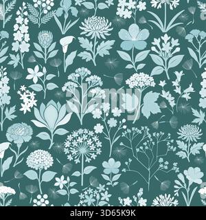 Blaues und hellblaues nahtloses Blumenmuster. Handgezeichnet. Nicht AI, Vektordarstellung. Stock Vektor