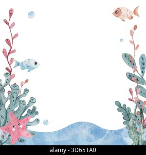Unterwasserrahmen in Aquarellfarben mit Algen, Korallen, Seesternen und süßen Fischen. Mariner Hintergrund mit leerem Platz für Text. Handgemalte Meeresillustration für Kinder, Einladungen und Karten Stockfoto