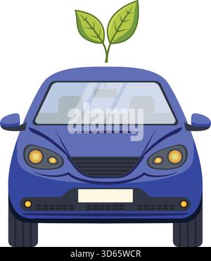Blaue umweltfreundliche Autolabbildung mit grünen Blättern, die Nachhaltigkeit und Innovation symbolisieren Stock Vektor