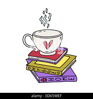 Hand gezeichnete Hygge Kritzelkaffee Tasse mit Herz stehend auf Stapel Bücher Icon Vektor Illustration Stock Vektor