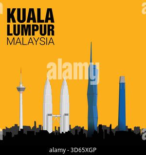 Kuala Lumpur, Malaysia wichtige Sehenswürdigkeiten, Wolkenkratzer, der Menara Kuala Lumpur Tower, Petronas Twin Towers, Merdeka 118 und The Exchange 106. Stock Vektor