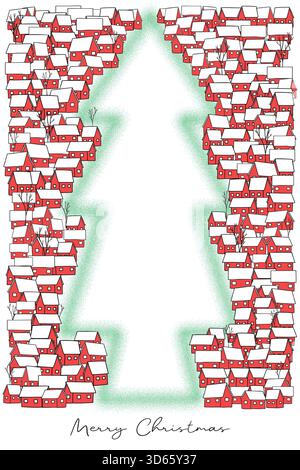 Weihnachtsthema Vektor-Illustration eines Weihnachtsbaums, der aus einer Gruppe von roten Häusern mit weißem Schneedach entsteht, eine frohe weihnachtsfeier. Stock Vektor