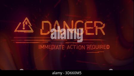 Anzeige von GEFAHR und SOFORTMASSNAHMEN ERFORDERLICHER Text mit Gefahrendreieck auf HUD, Riss Stockfoto