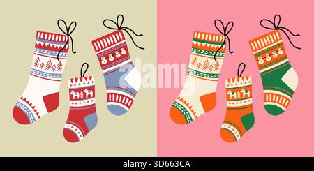 Vektor-Weihnachtsstrümpfe in zwei Farbvarianten, verziert mit festlichen Mustern, Wintermotiven und einfachen Ornamenten im Folk-Stil. Perfekt für Stock Vektor