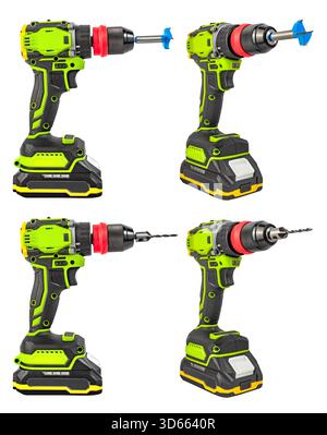 Isoliertes Foto eines grünen Akkuschraubers mit Lithiumbatterie, Forstner und Bohrer auf weißem Hintergrund. Stockfoto