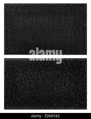 Isoliertes Foto von quadratischen schwarzen Klettverschlüssen auf weißem Hintergrund. Stockfoto