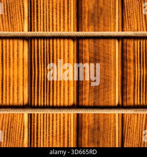 Nahtlose 4K-Fototextur von gebrannter Kiefernholzdiele mit Stoffseilen. Holzpaketstruktur. Stockfoto