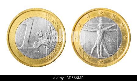 Isoliertes Foto von 1 Euro Italien 2002 R Münzvorderseite und -Rückseite auf weißem Hintergrund. Stockfoto