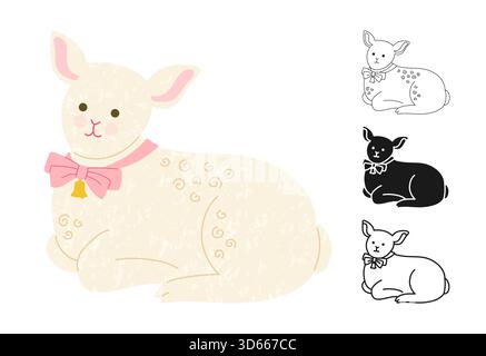 Schaf oder Lamm mit Band Textur Vektor Symbol Zeichentricksatz. Niedlicher, entzückender Widder für Happy Easter Karte, Postkarte, Einladung, Poster. Zeichentrickfilm skurrile Lammtier Ostersymbole lineare Doodle-Ikone Stock Vektor