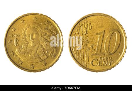 Isoliertes Foto von 10 Eurocent Italien 2002 R Münzvorderseite und -Rückseite auf weißem Hintergrund. Stockfoto