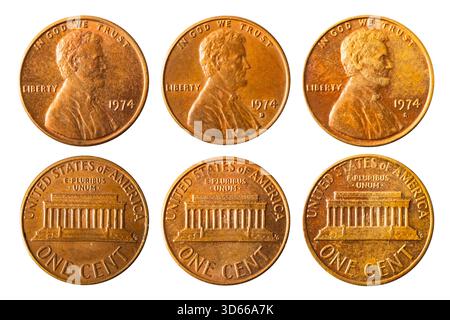 Isoliertes Foto von 1 Lincoln Memorial Cent USA 1974 P, D und S Münzen auf weißem Hintergrund. Stockfoto