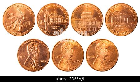 Isoliertes Foto von 1 Lincoln-Gedenkcent USA 2009 P-, D- und S-Münzen auf weißem Hintergrund. Stockfoto