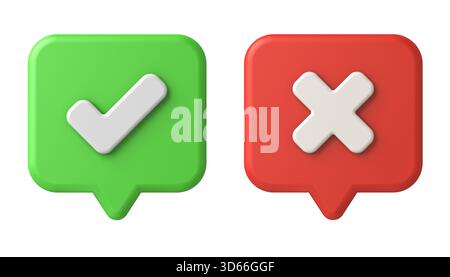 Aktivieren Sie das Häkchen und kreuzisoliert auf weißem Hintergrund 3D-Rendering Stockfoto