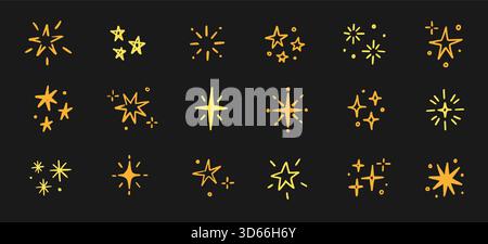 Handgezeichneter Stern, goldfarbene Funkenelemente-Set. Niedliche Sternform funkelnde Glitzer Glanzstift Textur Pinsel Symbol. Handgezeichnete Sketch-Kritzelei. Gelbe Dekoration Hintergrund Vektor-Illustration Stock Vektor