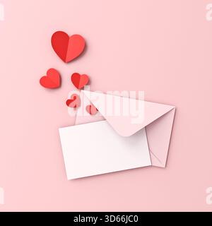 Leere weiße Papierkarte auf rosafarbenem Umschlag und roten Origami-Herzen isoliert auf rosa pastellfarbenem Hintergrund mit Schatten minimalem Konzept für Valentinskinare Stockfoto