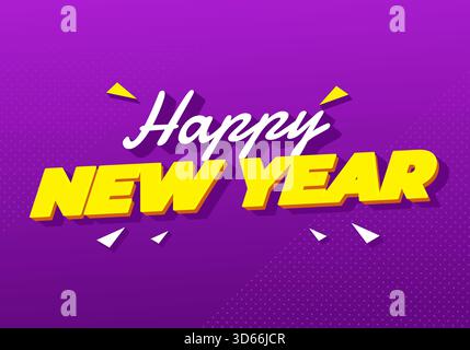 Frohes neues Jahr. Kräftiger gelber Schriftzug mit verspielten Highlights auf leuchtendem lila Hintergrund Stock Vektor