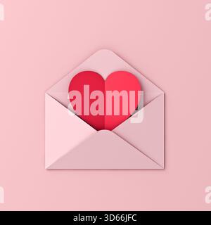 Leere Herzpapierkarte in rosafarbenem Umschlag isoliert auf rosa pastellfarbenem Hintergrund mit minimalen Schatten für Valentinstag-3D-Rendering Stockfoto