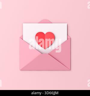 Love Letter Red Heart Origami auf weißem Papier in rosafarbenem Umschlag isoliert auf rosa pastellfarbenen Hintergrund mit minimalem konzeptuellem 3D-Rendering im Schatten Stockfoto