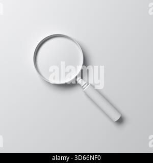 Abstrakte Lupe isoliert auf weißem Hintergrund mit Schatten Minimal Concept 3D-Rendering Stockfoto