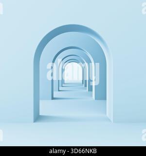 Abstrakter blauer Hintergrund minimales konzeptionelles 3D-Rendering im Korridor im Bogengang Stockfoto