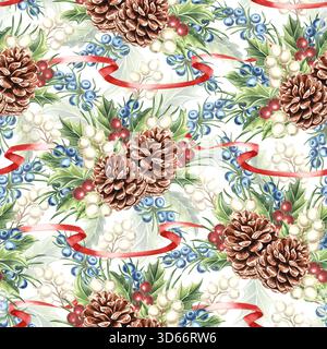Tannenzapfen in Aquarellfarben mit roten Bändern und bunten Beeren nahtloses Weihnachtsmuster. Handgezeichnete Illustration Winterpflanzen für Feiertagsverpackungen Stockfoto