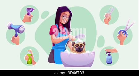 Haustier-Pflege-Salon-Vektor-Illustration mit Frau-Groomer-Badehund im Spa. Cartoon Hündchen Haarschnitt- und Waschservice-Konzept. Professionelle Haustierpflege mit Banner für Shampoo, Bürste und Pflegewerkzeuge. Stock Vektor