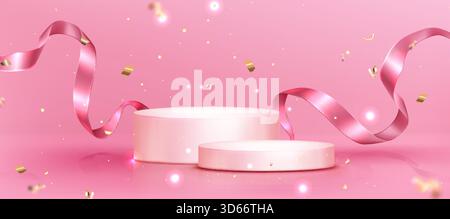 Pinkfarbene Podiumbühne mit goldenem Konfetti und geschwungenem Band auf pastellfarbenem Hintergrund. 3D-Siegerplattform für Preisverleihung oder Produktpräsentation. Festliche Festszene mit glänzenden Luftschlangen. Stock Vektor