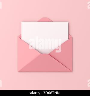 Leere weiße Karte in rosafarbenem Umschlag isoliert auf rosa pastellfarbenem Hintergrund mit Schatten Love Letter minimales konzeptionelles 3D-Rendering Stockfoto