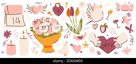 Groovige Sticker-Kollektion zum valentinstag mit niedlichen funkigen Herzen und Blumen, Kerzen und Liebessymbolen in rosa Farben. Kritzeln Sie Elemente aus Rosenstrauß, Kalender und Schloss, geflügeltem Herz und Erdbeere. Stock Vektor
