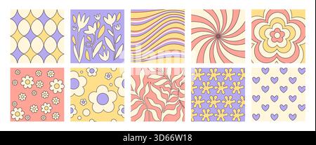 Kollektion mit abstrakten y2k-Blumenmustern. Zeitgenössische Vektor-Illustration von quadratischen Fliesen mit nahtlosem Gänseblümchendruck, Pastellherzen, psychedelischen wellenförmigen Linien, Retro-Textil, funky Poster Ornament Stock Vektor