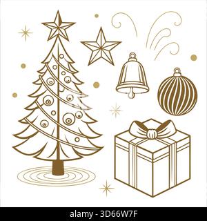 Minimal Outline P Moderne luxuriöse Weihnachtssymbole mit elegantem Baum, Ornament, Sternen und Premium-Geschenkboxen Stock Vektor