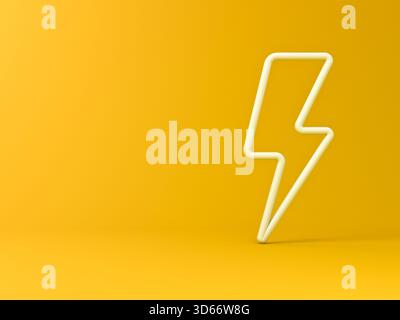 Weißer Donner oder Blitz isoliert auf gelbem Hintergrund mit Schatten Minimal Concept 3D-Rendering Stockfoto