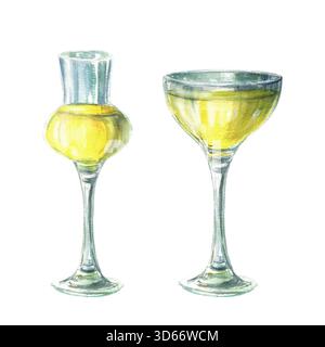 Limoncello, italienischer Zitronenlikör im Glas-Set. Mit gelbem alkoholischen Getränk, Cocktails. Handgezeichnete Illustration mit Aquarell. Clipart für Getränke Stockfoto
